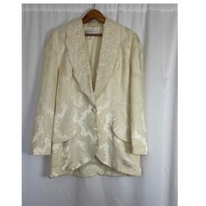 Jessica McClintock Vintage Cream Damask Lace Trim Blazer Jacket Victorian